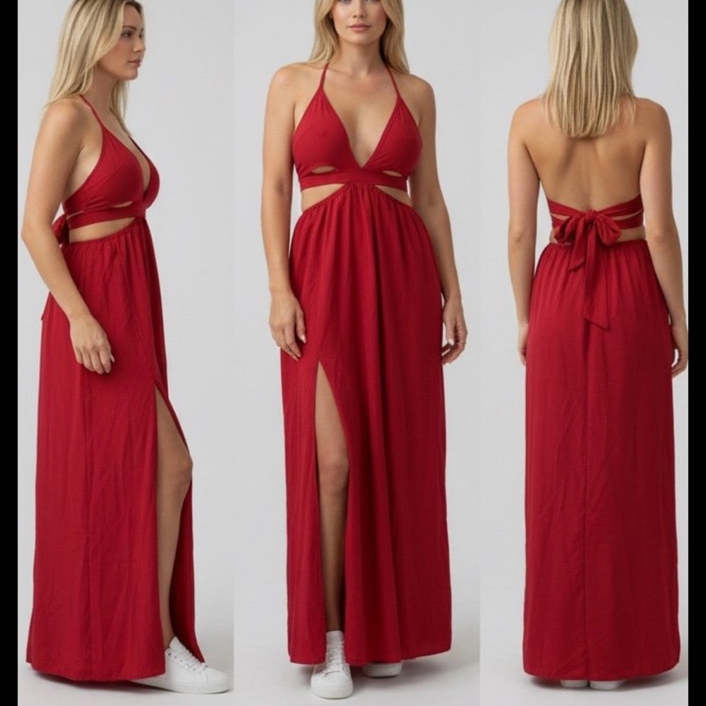Elegant Red Halter Maxi Dress